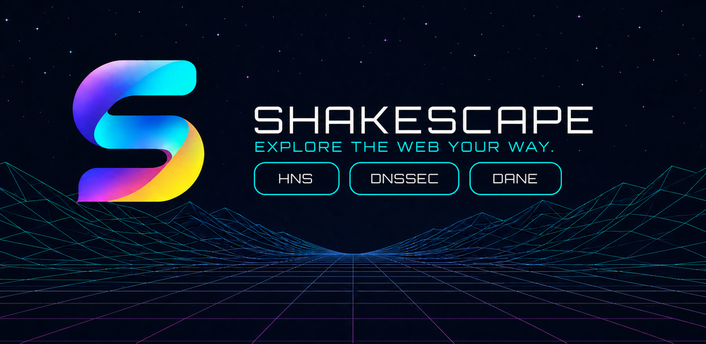 Shakescape logo with the tagline Explore the Web Your Way above a neon grid and star field